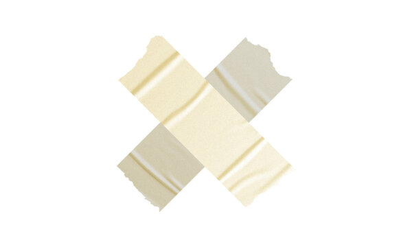 Two realistic translucent beige adhesive tape strips forming a natural 'X' shape with ragged torn edges, symbolizing removal or negation on a white background.