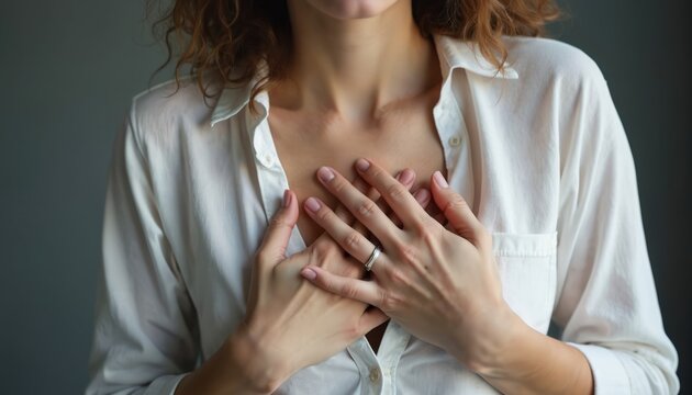 Woman holds hands on chest, showing self care and emotional support. Female feels calm, secure, and confident. Concept of inner peace wellbeing.