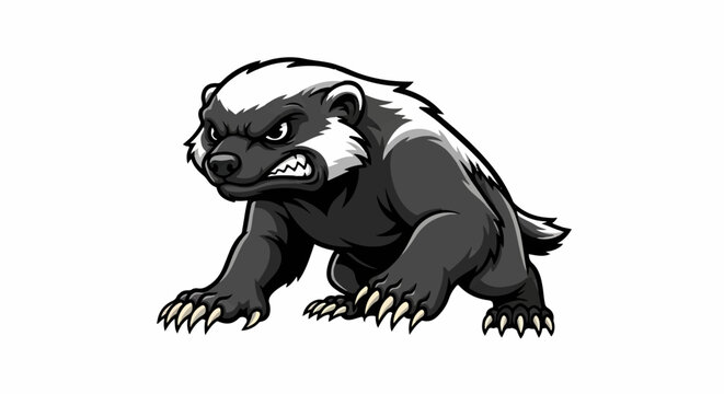 Aggressive cartoon honey badger with sharp claws, baring teeth, and white markings