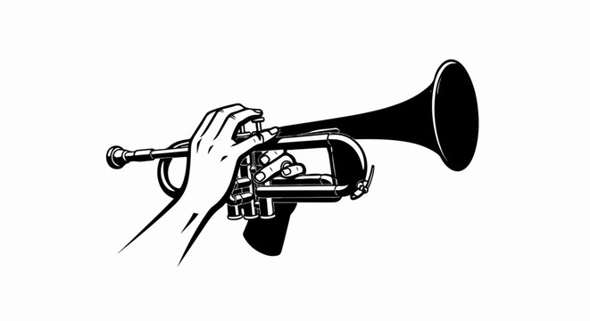 A black and white illustration of a hand playing a trumpet
