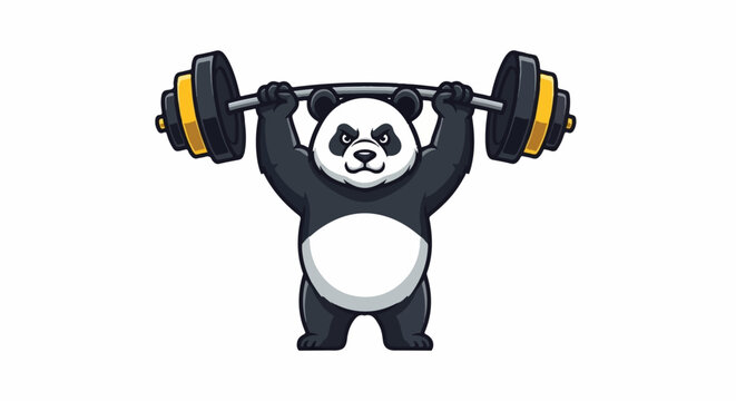 A cartoon panda enthusiastically lifts a weighted barbell above its head