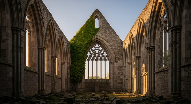 Ancient stone abbey ruins with Gothic arches and ivy-covered walls bathed in golden sunlight at sunset showcasing architectural heritage