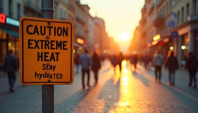 Orange caution sign warns of extreme heat on a city street at sunset. People walk past the warning sign as the sun sets casting long shadows. Stay hydrated during hot weather.
