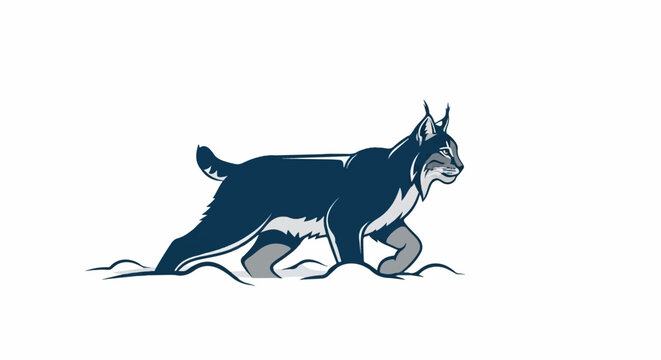 A stylized, blue and gray lynx walks through snowy terrain