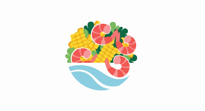 A stylized, colorful illustration of a seafood and corn dish