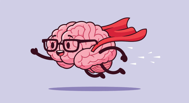 Super Brain Flying with Glasses and Cape Vector Illustration.