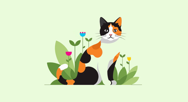 Adorable calico cat sits amongst stylized colorful flowers and green foliage