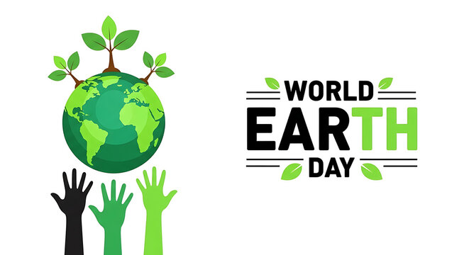 World Earth Day illustration with globe trees and raised hands