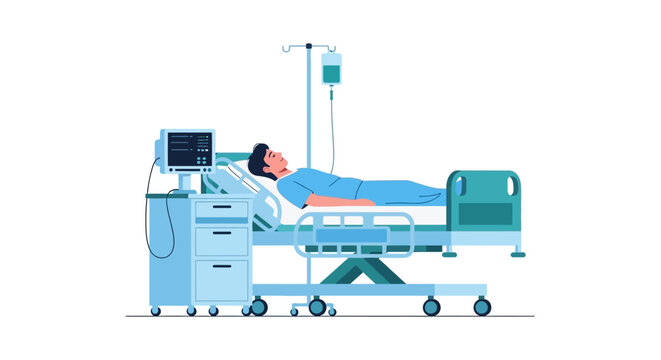 Illustration of a patient lying in a hospital bed with medical equipment