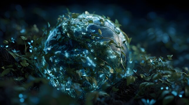 Glowing sphere rests in lush, dark foliage