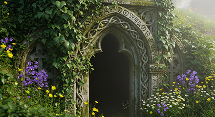 Fototapeta premium Ancient stone archway entrance covered in ivy and moss surrounded by wildflowers in a mystical garden setting creating an enchanting scene