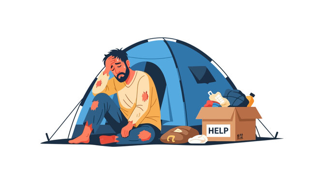 Illustration of a homeless man sitting in a blue tent with a help box