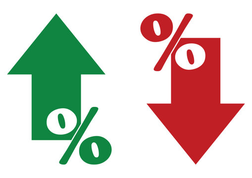 Green Upward and Red Downward Arrows with Percentage Symbols Representing Interest Rate Fluctuations Stock Market Trends Financial Inflation and Economic Growth Progress.
