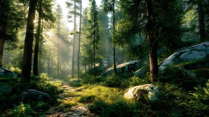 Obraz premium Sunlight filters through tall, lush evergreens
