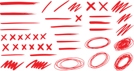 Vector set of grungy graphic elements. Street art texture hand drawn pencil underlines and strikethrough, scribble emphasis lines, crazy hatches, ovals and crosses.