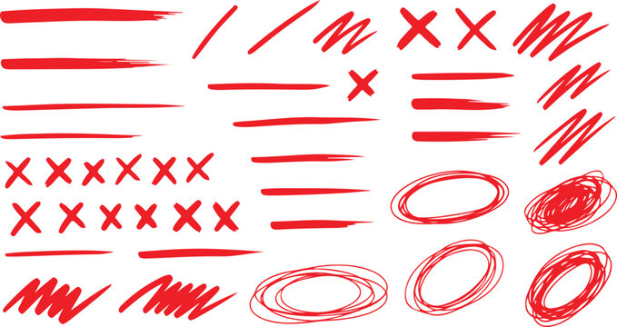 Vector set of grungy graphic elements. Street art texture hand drawn pencil underlines and strikethrough, scribble emphasis lines, crazy hatches, ovals and crosses.