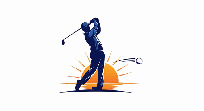 Silhouette of a golfer in mid-swing against a radiant sunrise on a golf course