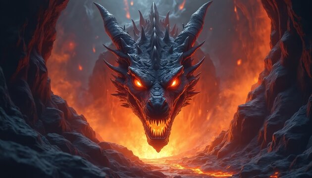 Fearsome dragon with glowing eyes emerges from fiery cave entrance. Mythical creature guards treasure hoard in volcanic lair. Ancient monster ready to unleash fire breath. Dark fantasy art.