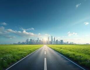 Fototapeta premium Asphalt road leads through green grassy field toward modern city skyline. Bright blue sky with clouds. Sun shines on buildings and landscape. Expansive view.
