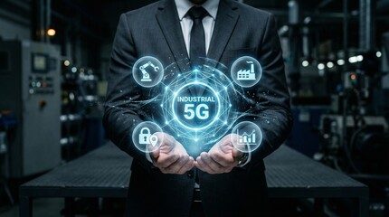 Fototapeta premium A businessman in a suit holds a glowing 5G industrial icon in a factory setting