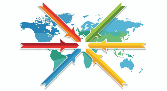 Colorful arrows pointing towards the center of a world map