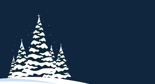 Snowy evergreen trees under a dark night sky with twinkling stars