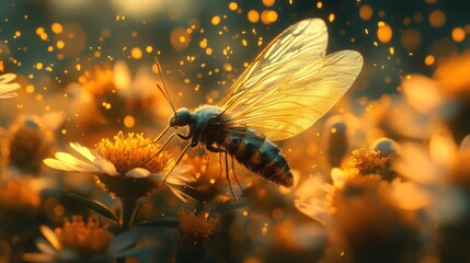Naklejka premium Golden insect pollinating flowers at sunset, magical bokeh
