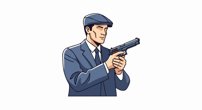 Man in a suit and flat cap holding a handgun, depicted in a retro comic style