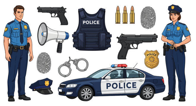 Illustration of police officers with equipment and a police car on a white background.