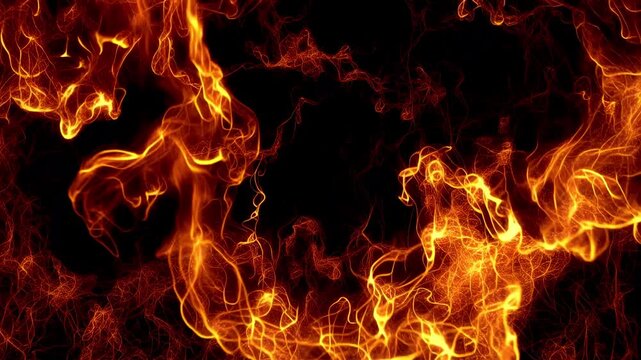 Bright fire effect on a black background. Burning fire flames animation