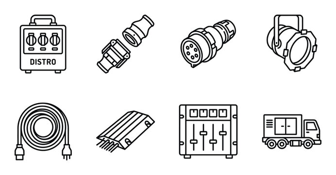 Assorted electrical equipment for stage lighting and power distribution, including distros and cables