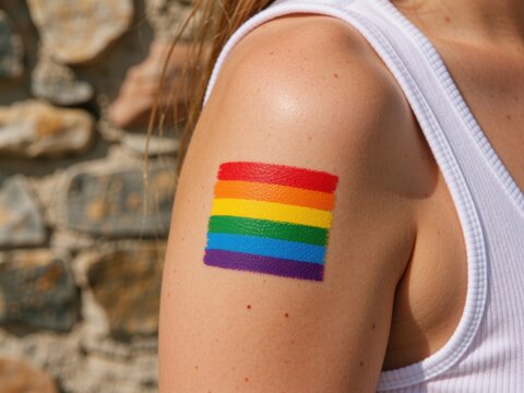 Person displaying pride rainbow flag body paint