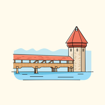 A vector illustration depicts a covered bridge and tower, seemingly over water, with a light blue sky-like background. Simple lines and colors create the image