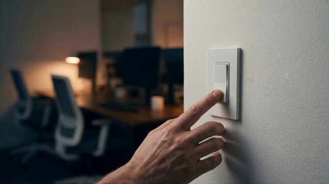 Close-up of a human hand operating a light switch in a dimly lit office environment, suggesting energy conservation or end of workday with blurry background showing desks and chairs in muted tones