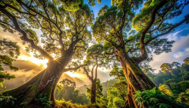 For&ecirc;t tropicale luxuriante avec de grands arbres anciens baign&eacute;s par la lumi&egrave;re dor&eacute;e du soleil matinal &agrave; travers la brume &eacute;paisse et mystique.