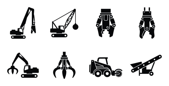 Construction demolition equipment icons set excavator crane claw excavator loader grapple conveyor