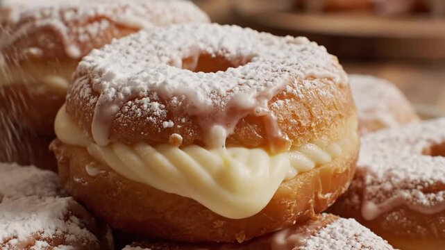 Freshly baked cream filled croissant donuts with powdered sugar