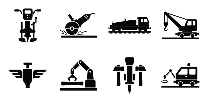 Construction tools and industrial machinery icons jackhammer grinder train crane robotic arm
