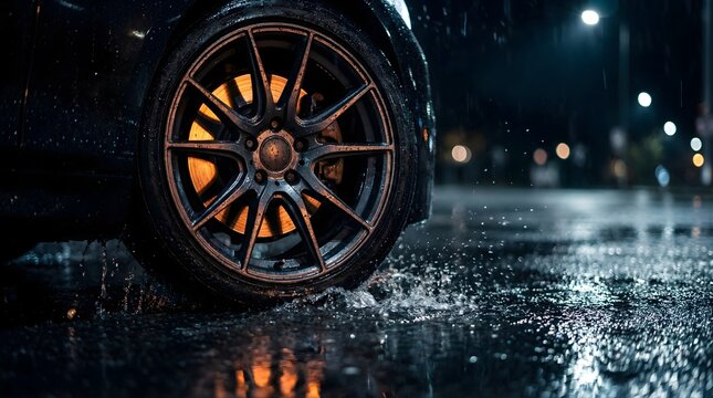 Close up of high performance sport car wheel with glowing brake disc on wet road at night with rain splashing in puddles and blurred street lights in background for transportation and speed concept