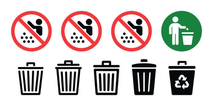 Waste Management And Recycling Icon Set, Red Prohibition Sign Icons Representing Restricted Trash Disposal And Recycling Rules, Clean Minimal Symbols For Environmental Safety, Waste Control