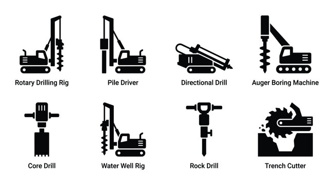 Drilling machinery icons rotary rig pile driver directional drill auger core water rock trench cutter