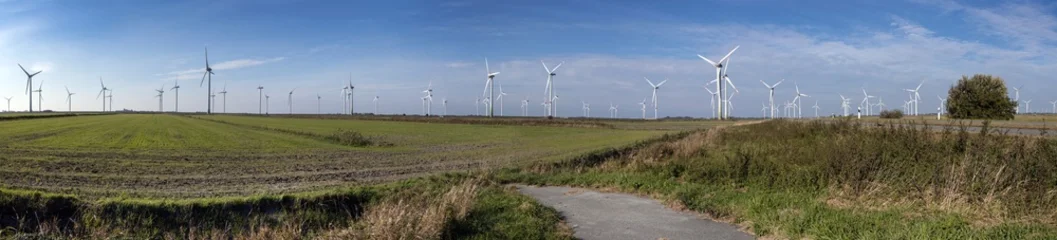 Fotobehang Noordzee Landscape with windturbines near the North Sea and Waddenzee at Sleeswijk Holstein North Friesland Germany. Panorama of rural landscape.  © A
