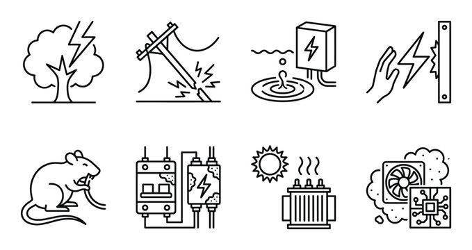 Electrical hazards and power failure causes icons vector set showing dangerous situations with wire