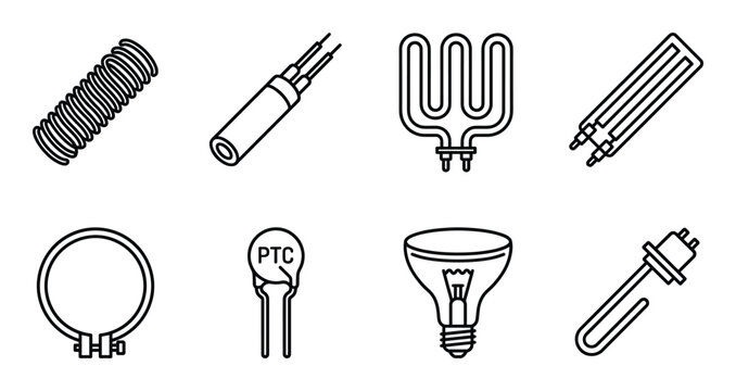 Electrical heating elements and components icons featuring coil immersion heater bulb and thermistor