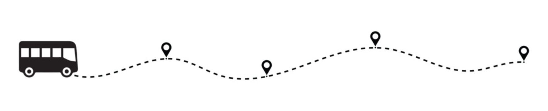 Bus icon on a dotted line path from a location pin. Travel navigation routes with dash line path, location pins and bus.