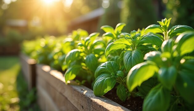 Green basil plants grow in sunlit wooden garden beds. Healthy leaves reach for warm sunlight, creating a peaceful outdoor scene perfect for culinary uses.