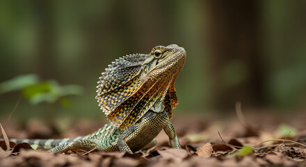Obraz premium Australian frilled-neck lizard basking in sunlight on forest floor showcasing vibrant colors and distinctive frill a captivating reptile portrait