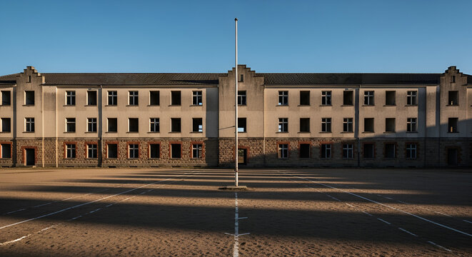 Barracks building exterior with flag pole standing on the square on a sunny day creating long shadows on the ground of the army base