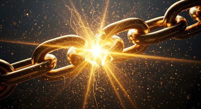 Golden chain breaking with a bright light shining through the broken link