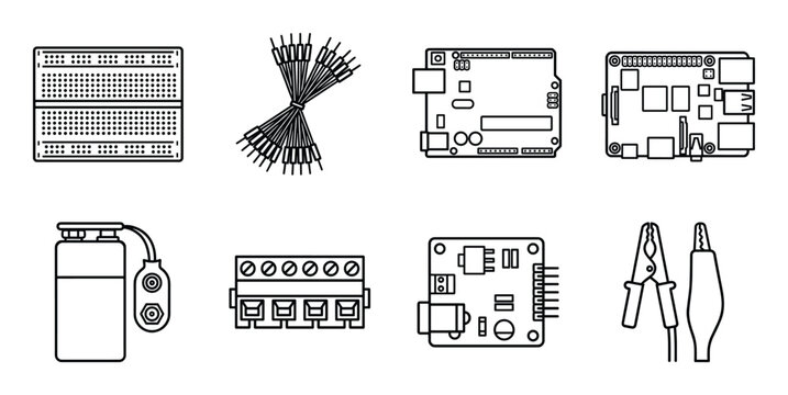 Electronics development tools schematic symbols breadboard jumper wires development boards battery clips